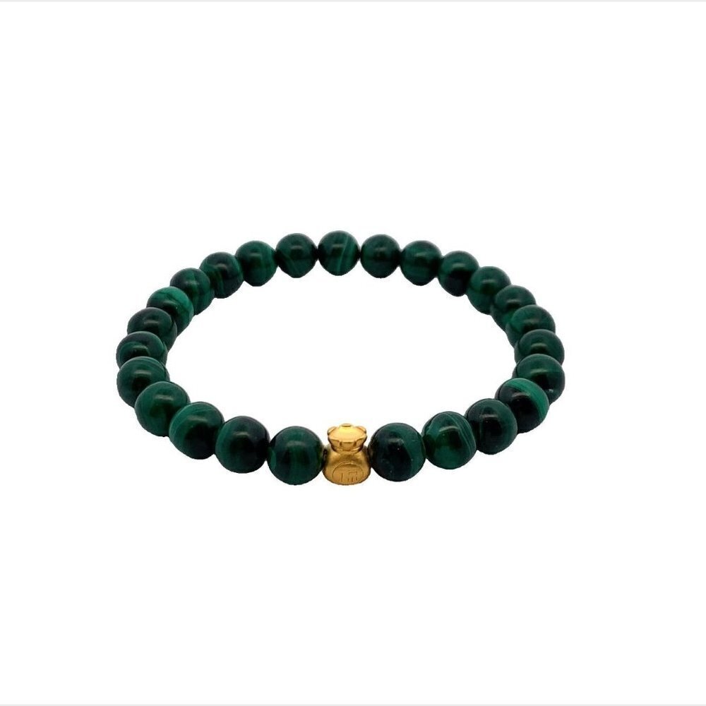 24K Gold Money Bag Lucky Charm Stretchable Bracelet Gemstones Malachite